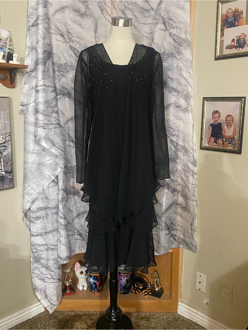 J.B.S. Black Layered Chiffon Midi Dress with Rhinestone Accents